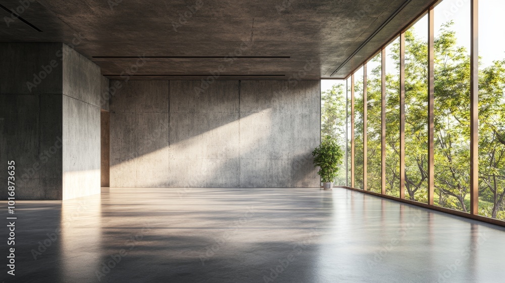 Modern loft style empty space interior 3d render,There are polished concrete floor ,wall and ceiling,There are large window look out to see the nature view,sunlight shining into the room Modern loft style empty space interior 3d render,There are polished concrete floor ,wall and ceiling,There are large window look out to see the nature view,sunlight shining into the room