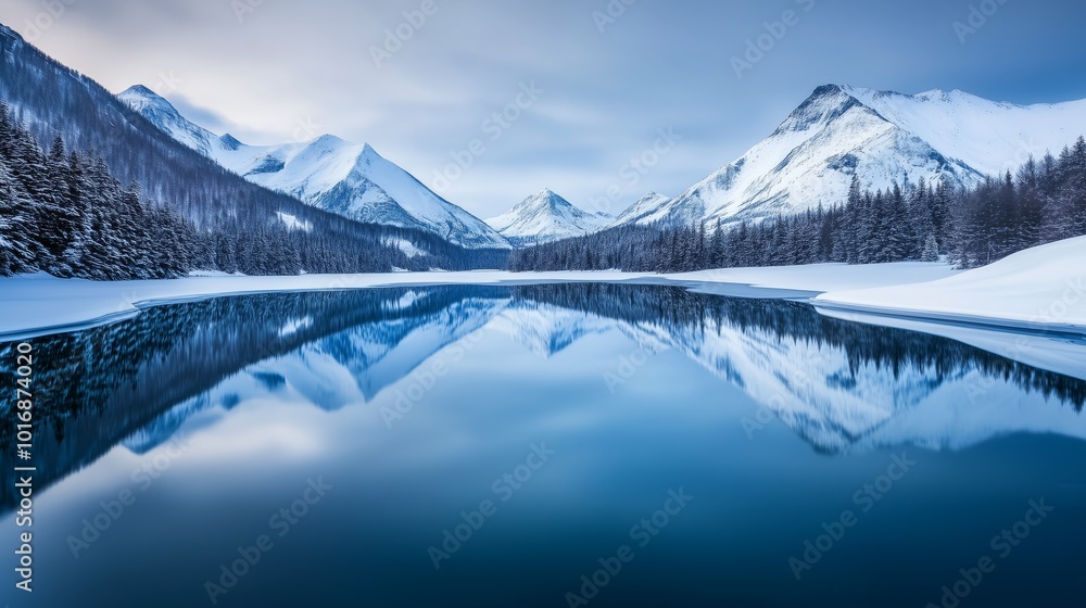 Obraz premium A calm, crystal-clear lake perfectly reflecting the surrounding snow-covered mountains and pine trees, bathed in the soft light of an overcast day. 