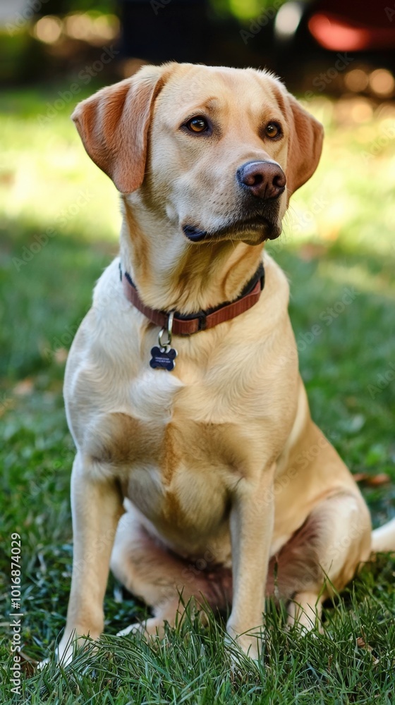 A charming golden Labrador sits gracefully on lush green grass in a tranquil garden setting A charming golden Labrador sits gracefully on lush green grass in a tranquil garden setting