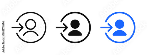 Login icon. User profile symbol. Sign up button. Account access vector illustration. Person head inside round circle with arrow pictogram. Sign up web interface authentication button.