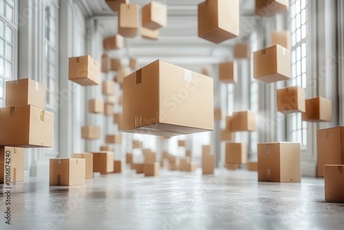 floating cardboard boxes arrangement clean white background various sizes subtle shadows 3d rendering product packaging concept
