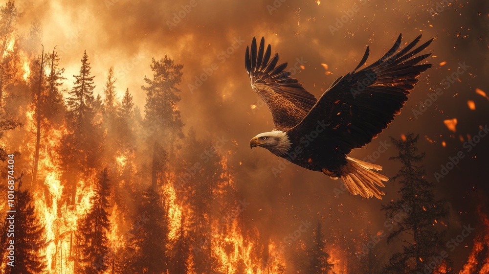 Fototapeta premium A powerful eagle flies away from a forest fire, with flames raging in the background, symbolizing the power of survival.