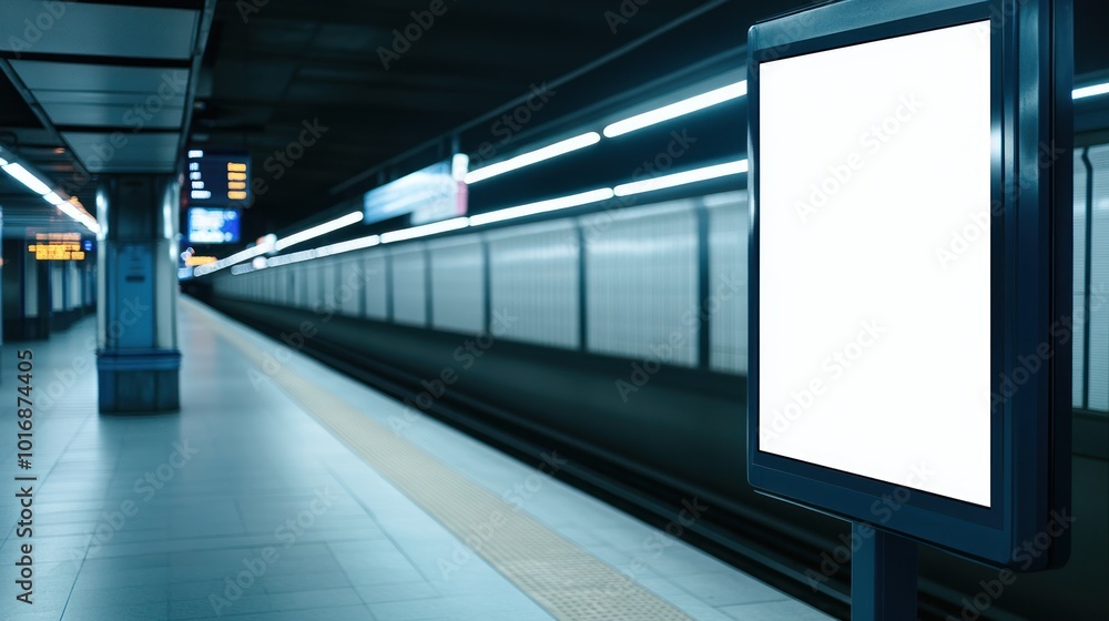 A deserted subway station with a blank advertising board and illuminated surroundings. A deserted subway station with a blank advertising board and illuminated surroundings.