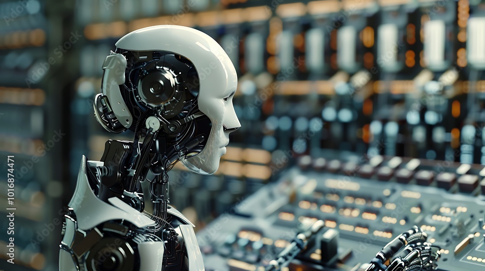 Humanoid robot or cyborg with electronic circuit board in background Humanoid robot or cyborg with electronic circuit board in background