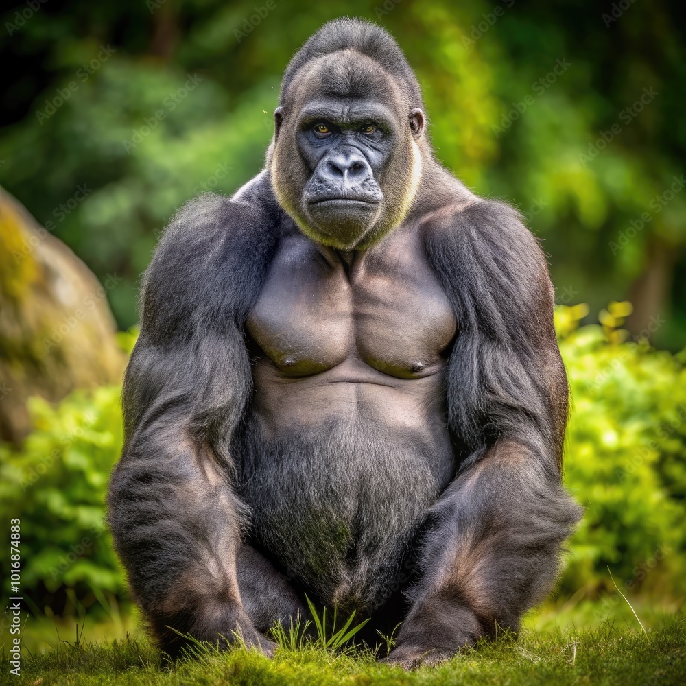 A majestic gorilla resting in a lush green environment during daylight. Generative AI A majestic gorilla resting in a lush green environment during daylight. Generative AI