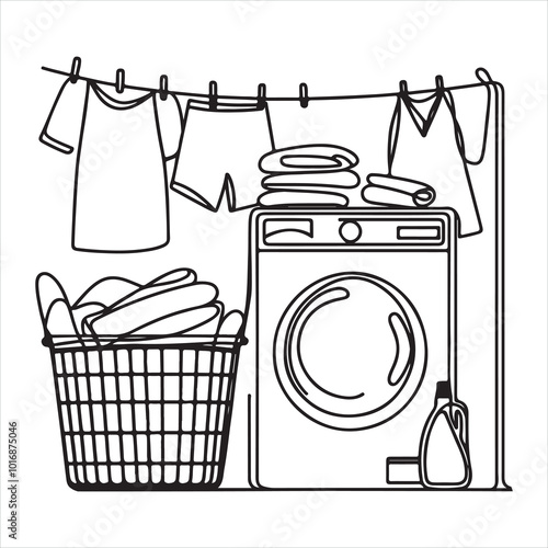An illustration of a laundry basket ontinuous line drawing with black lines silhouette on white background

