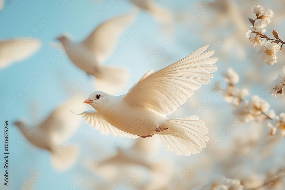 Fototapeta premium flock of white birds in flight against clear sky various graceful poses captured midmotion minimalist composition