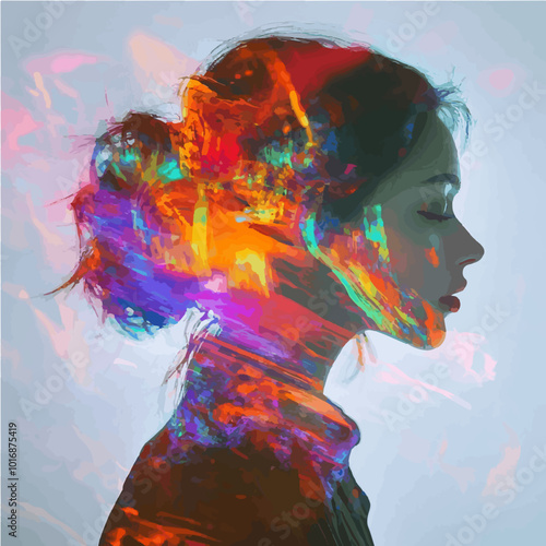 Vibrant double exposure vector art of a woman's profile with neon colors. Perfect for contemporary art and digital projects.