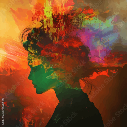 A mesmerizing double exposure artwork featuring a woman in profile, with abstract bursts of vibrant colors blending into the silhouette, representing creativity and emotion.