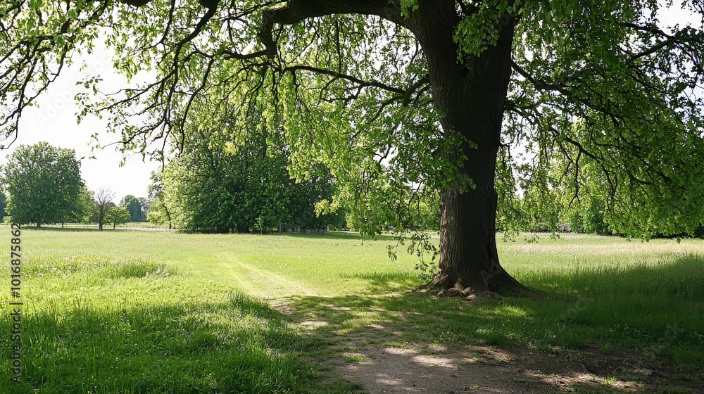 A tranquil afternoon stroll beneath the lush canopy of a grand tree in a serene park A tranquil afternoon stroll beneath the lush canopy of a grand tree in a serene park