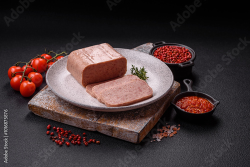 Delicious canned pink spiced ham or spam with salt, spices and herbs photo