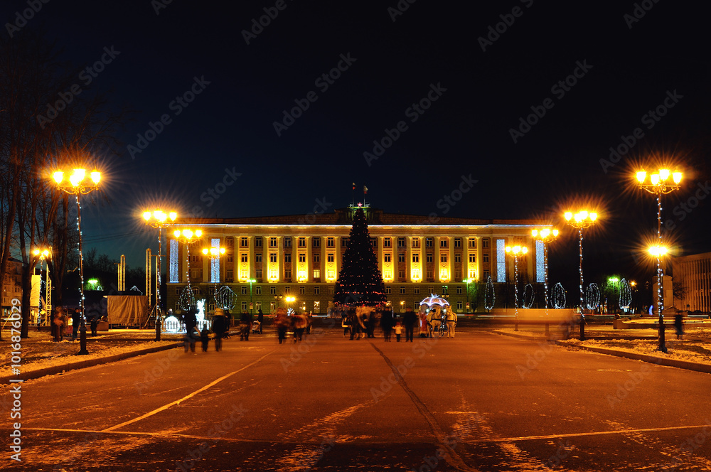Fototapeta premium Veliky Novgorod Russia. Night view of Sofia Square during the New Year holidays in Veliky Novgorod, Russia