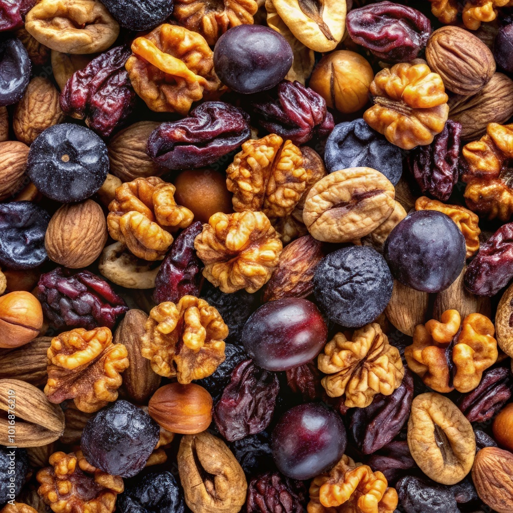 A colorful array of dried fruits and nuts on a wooden background. Generative AI A colorful array of dried fruits and nuts on a wooden background. Generative AI