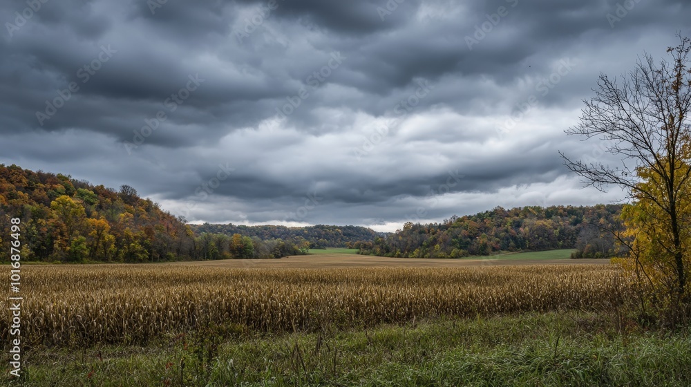 Dramatic autumn landscape with rolling hills and ominous clouds in a rural setting Dramatic autumn landscape with rolling hills and ominous clouds in a rural setting