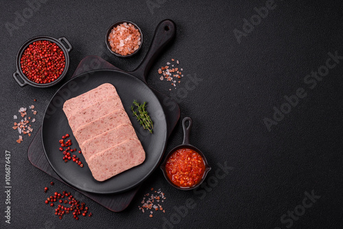 Delicious canned pink spiced ham or spam with salt, spices and herbs photo