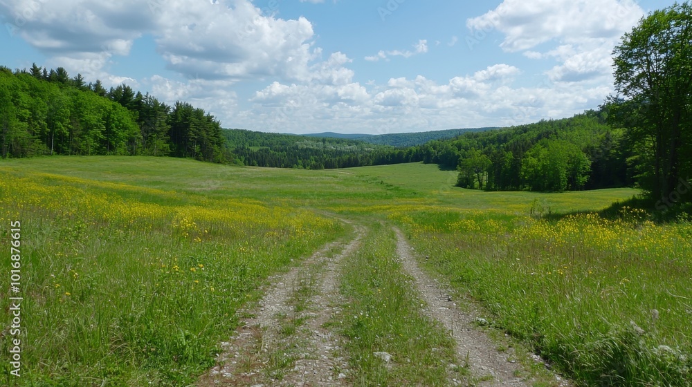 A tranquil dirt path winding through a vibrant meadow under a bright blue sky A tranquil dirt path winding through a vibrant meadow under a bright blue sky