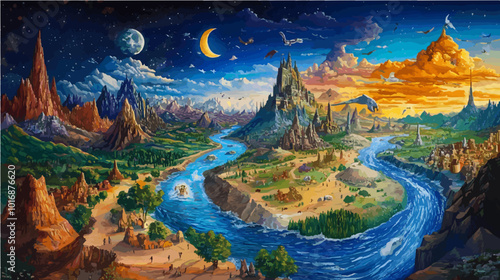 An evolutionary timeline showcasing phases of governance and societal progress, featuring detailed landscapes of fantasy worlds and celestial realms.
