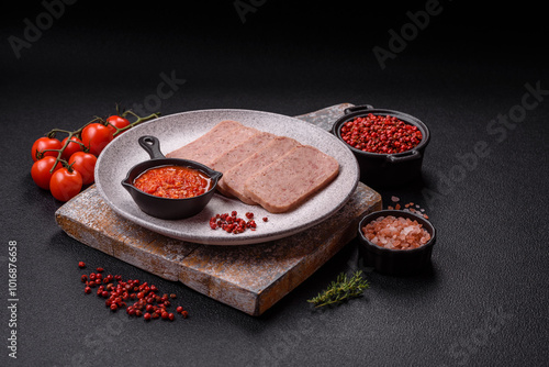 Fototapeta Naklejka Na Ścianę i Meble -  Delicious canned pink spiced ham or spam with salt, spices and herbs