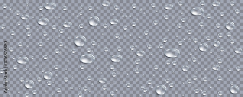 Rain transparent drops flow down the glass.Realistic wet condensation texture.Fresh water splash effect on the surface.Liquid spreading droplet shapes.