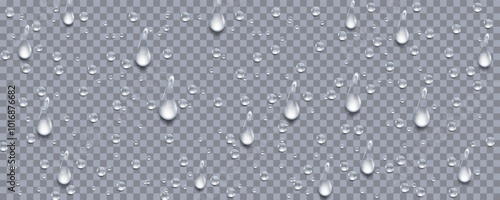 Rain transparent drops flow down the glass.Realistic wet condensation texture.Fresh water splash effect on the surface.Liquid spreading droplet shapes.