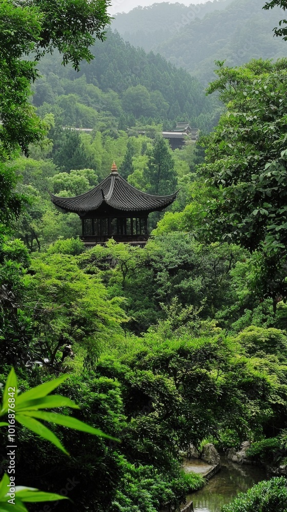 Tranquil pagoda nestled within lush greenery in a serene mountain landscape Tranquil pagoda nestled within lush greenery in a serene mountain landscape