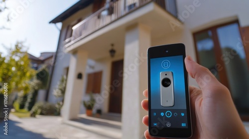 A person using a smartphone to control a smart doorbell in front of a modern house.