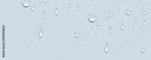 Rain transparent drops flow down the glass.Realistic wet condensation texture.Fresh water splash effect on the surface.Liquid spreading droplet shapes.