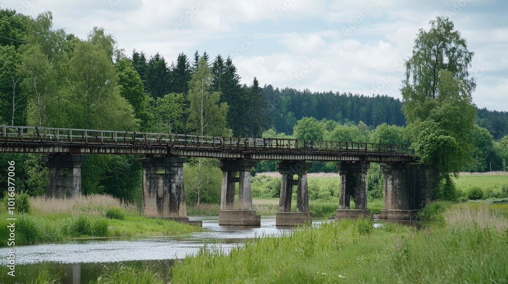 Tranquil bridge over a serene river surrounded by lush greenery on a bright summer day Tranquil bridge over a serene river surrounded by lush greenery on a bright summer day