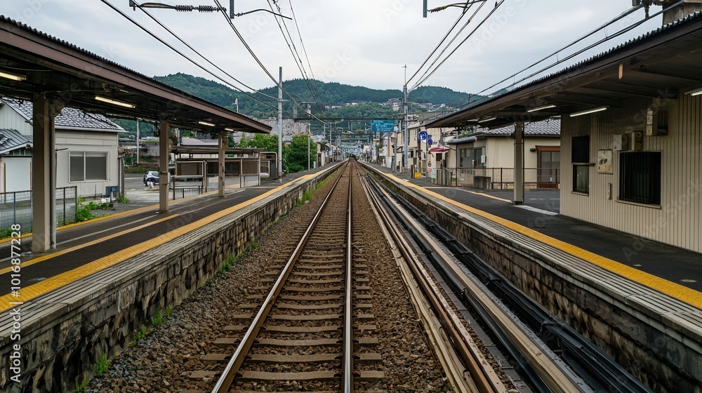 A tranquil view of train tracks stretching into the distance at a rural station on a cloudy day A tranquil view of train tracks stretching into the distance at a rural station on a cloudy day