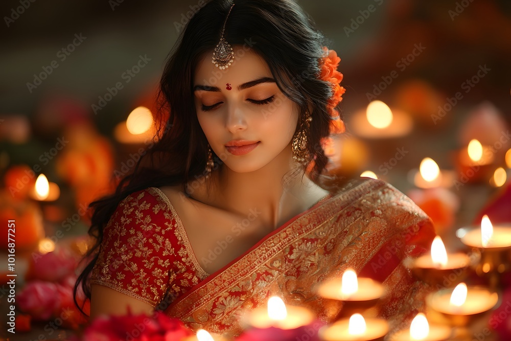 Indian Woman in Red Sari with Candlelight Glow Indian Woman in Red Sari with Candlelight Glow