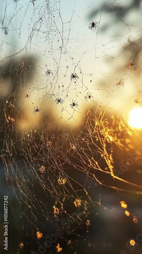 A tranquil evening with spider webs sparkling in golden sunset light photo