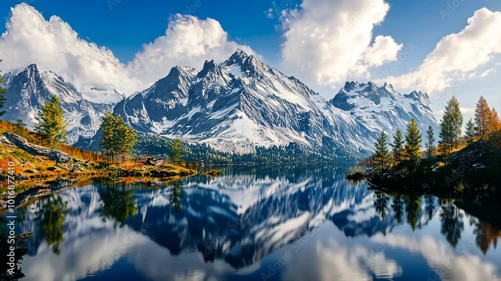 A serene lake reflects snow-capped mountains and fluffy clouds on a sunny day A serene lake reflects snow-capped mountains and fluffy clouds on a sunny day