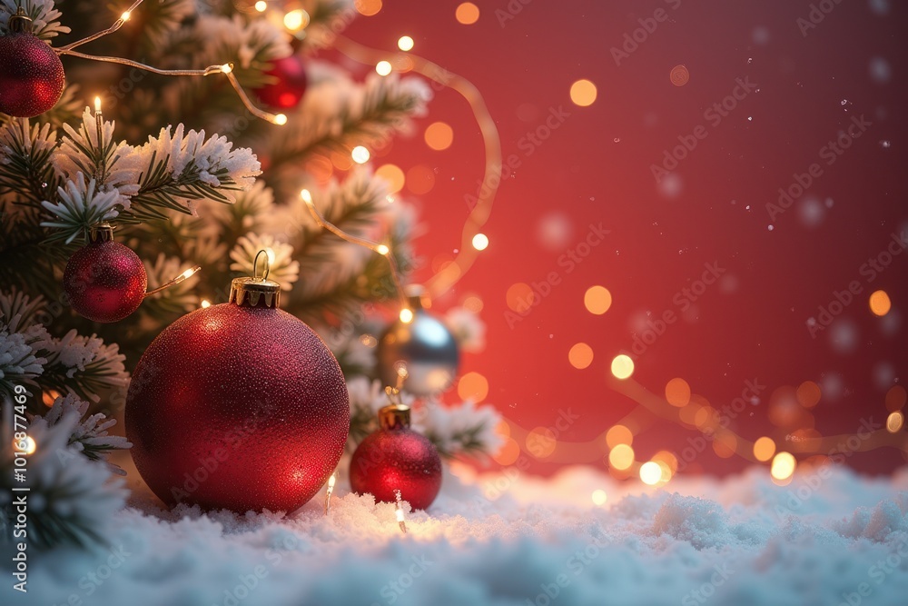 Decorative Christmas tree with ornaments and soft snow against a red backdrop during the festive holiday season Decorative Christmas tree with ornaments and soft snow against a red backdrop during the festive holiday season