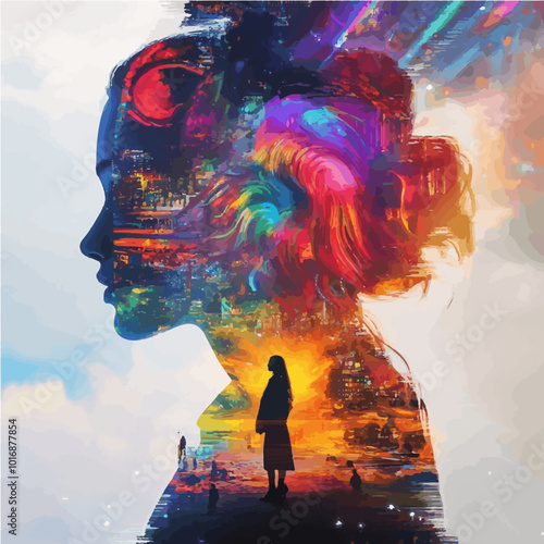 A captivating double exposure artwork with a woman’s silhouette blending with urban landscapes and city lights, reflecting inner thoughts and a connection to the modern world.