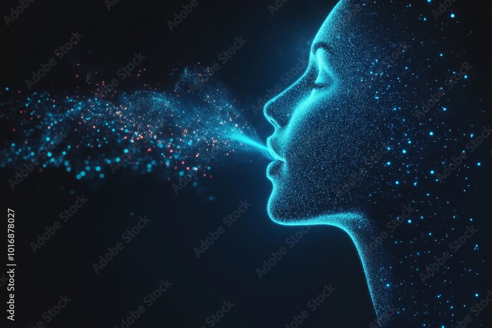 This is a futuristic artistic representation depicting the profile of a woman exhaling colorful cosmic particles This is a futuristic artistic representation depicting the profile of a woman exhaling colorful cosmic particles