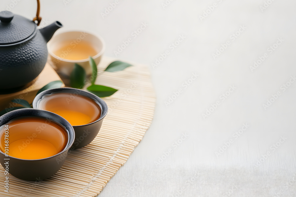 Set of Tea Cups with Tea Broth on a Light-Colored Surface | Elegant Tea Setting for a Relaxing Afternoon Set of Tea Cups with Tea Broth on a Light-Colored Surface | Elegant Tea Setting for a Relaxing Afternoon