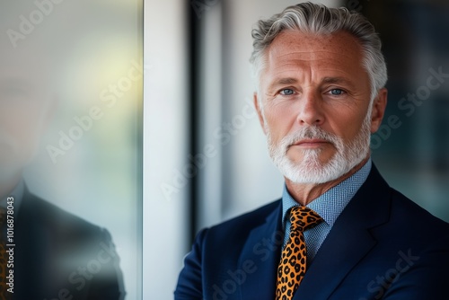 an older white male executive in a leopard print tie and dark blue suit, crossing arms confidently in a sleek, modern office with glass walls