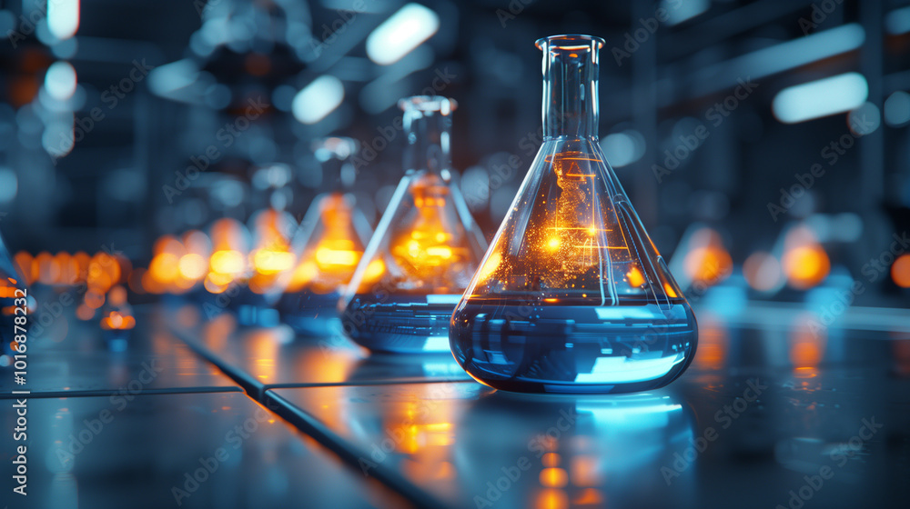 Row of laboratory glassware illuminated in blue and orange hues during an experimental procedure with soft blurred background Row of laboratory glassware illuminated in blue and orange hues during an experimental procedure with soft blurred background