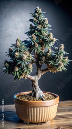 Bonsai cannabis plant with flowering buds artfully displayed indoors. Generative AI