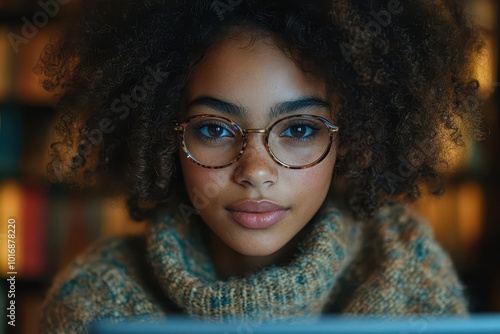 focused young student immersed in online learning warm inviting library ambiance with soft lighting laptop screen illuminates face capturing determination and curiosity