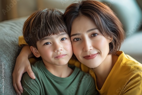 Mother and son smiling together, family bond, home, portrait, intimate moment, heartwarming, happiness, affectionate relationship, tender embrace, lifestyle photography