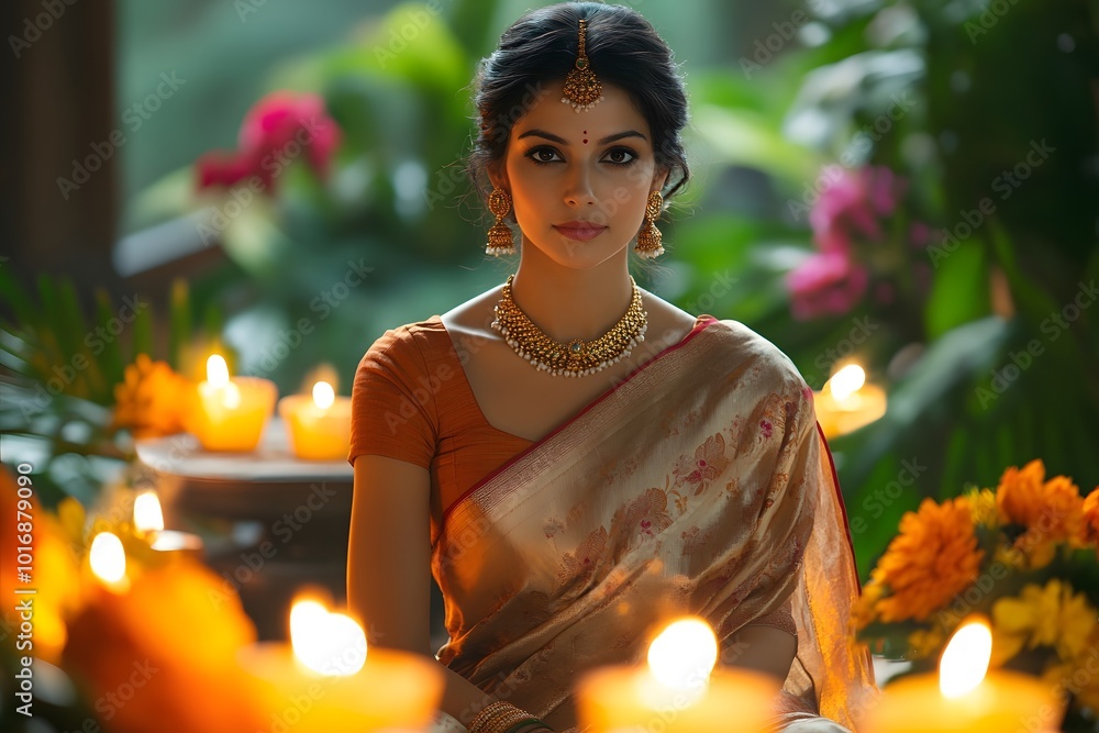 Beautiful Woman in a Saree with Glowing Candlelight and Flowers. Beautiful Woman in a Saree with Glowing Candlelight and Flowers.