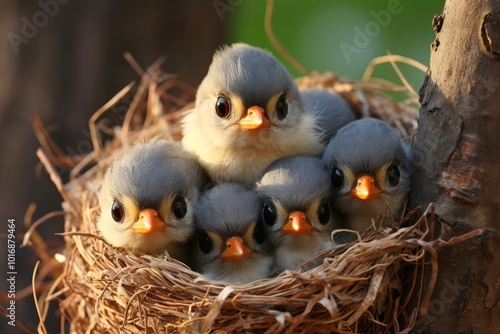 Tender moment  a titmouse nurturing its chicks in the nest, showcasing nature s care and love photo