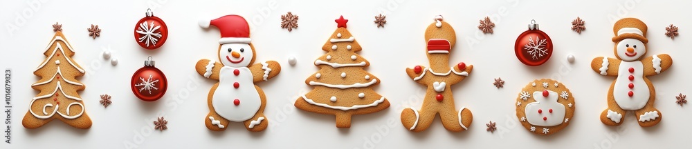 Various shapes of decorated gingerbread, Christmas tree, snowman, gingerbread man, snow flakes, present boxes on white background. Various shapes of decorated gingerbread, Christmas tree, snowman, gingerbread man, snow flakes, present boxes on white background.