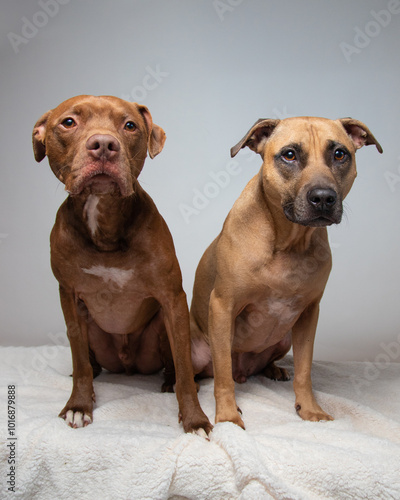 Close-up of a pit bull and a staffordshire bull terrier mix dog sitting side by side photo