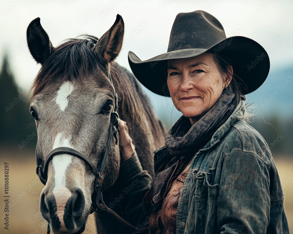 Tough and Rugged Female Cowgirl with Horse in Rural Western Landscape. Cowboy Horseback Riding Old West Tourism Photo Concept. Tough and Rugged Female Cowgirl with Horse in Rural Western Landscape. Cowboy Horseback Riding Old West Tourism Photo Concept.