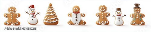 Various shapes of decorated gingerbread, Christmas tree, snowman, gingerbread man, snow flakes, present boxes on white background. 