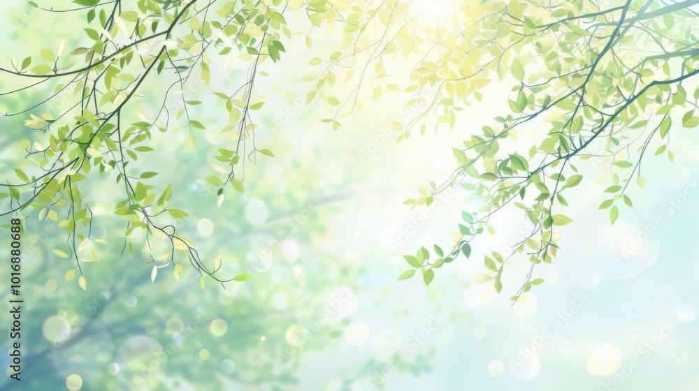 Lively Spring Background: Birch Branches and Green Leaves Against a Blurred Sky on a Sunny Day, Perfect for Seasonal Artwork Lively Spring Background: Birch Branches and Green Leaves Against a Blurred Sky on a Sunny Day, Perfect for Seasonal Artwork