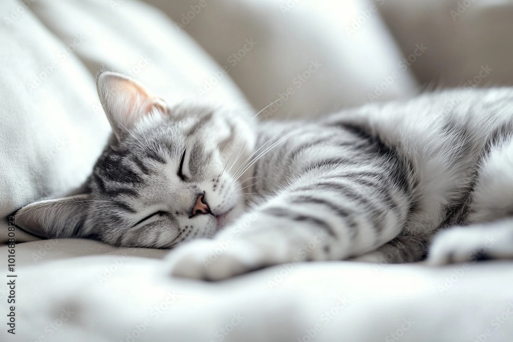 Close-Up of a Grey and White Cat Sleeping on the Sofa at Home. AI generated illustration Close-Up of a Grey and White Cat Sleeping on the Sofa at Home. AI generated illustration