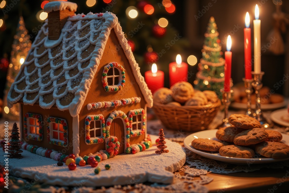 Festively decorated gingerbread house on a table surrounded by candles and cookies during a cozy Christmas gathering Festively decorated gingerbread house on a table surrounded by candles and cookies during a cozy Christmas gathering